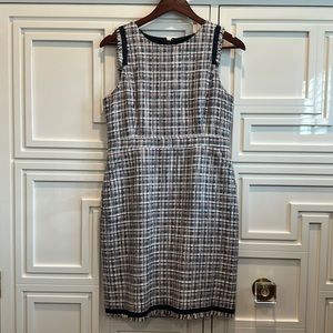 J. Crew Navy Blue White Red Fringe Tweed Work Suiting Office Dress Medium 10P